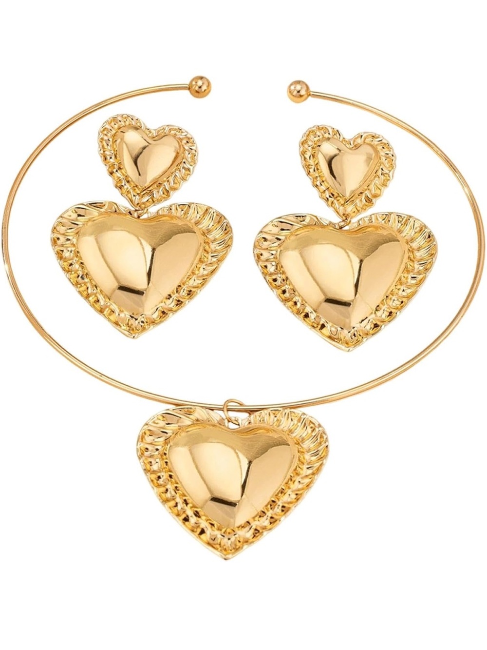 Color Gold Double Heart Pendant Necklace and Hoop Earrings Set